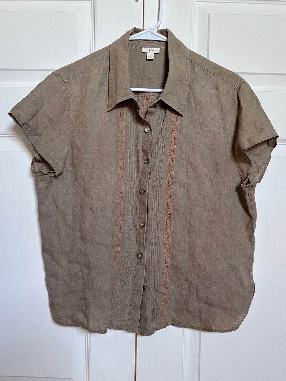 J Jill 100% Linen Button Front Shirt Women’s L Taupe Pintuck Short Sleeve